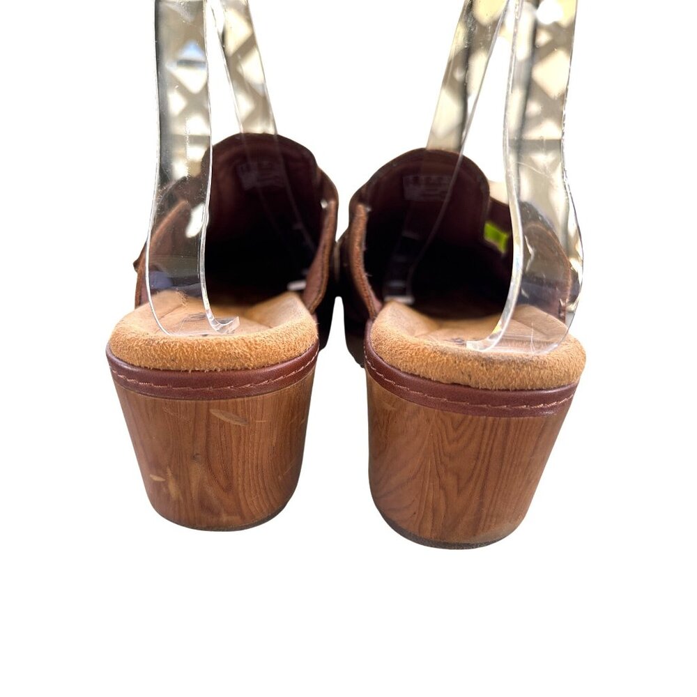 Clarks Collection Paizlee Nora Mules Clogs Size 10 Tan Wood Shoes Boho Suede - Picture 3 of 11
